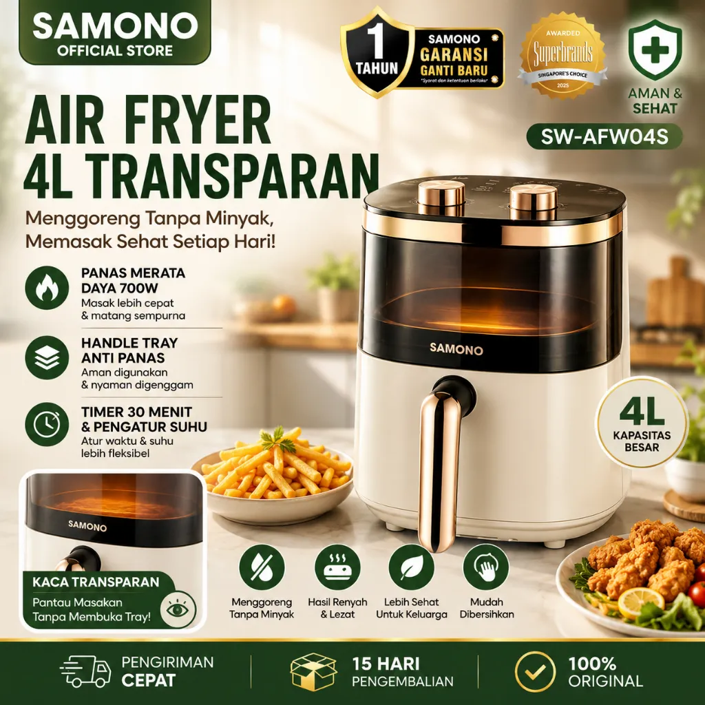 Jual SAMONO Air Fryer 4L Kaca Transparan Menggoreng Tanpa M…